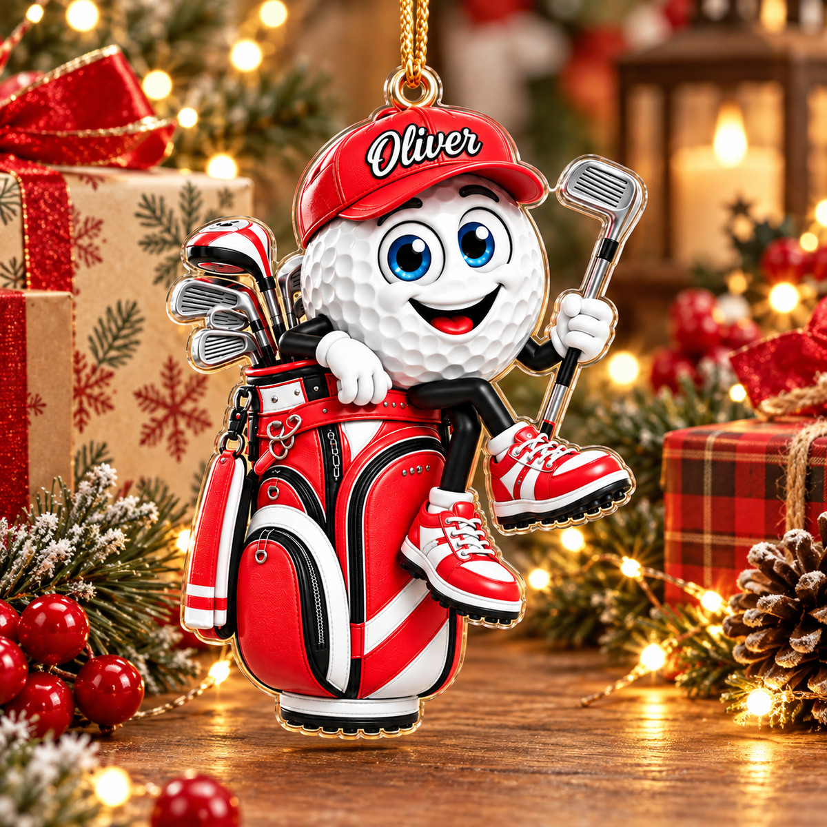 Custom Name Red Golf Ball In Golf Bag Acrylic Ornament, Christmas Gifts, Golfer Gifts