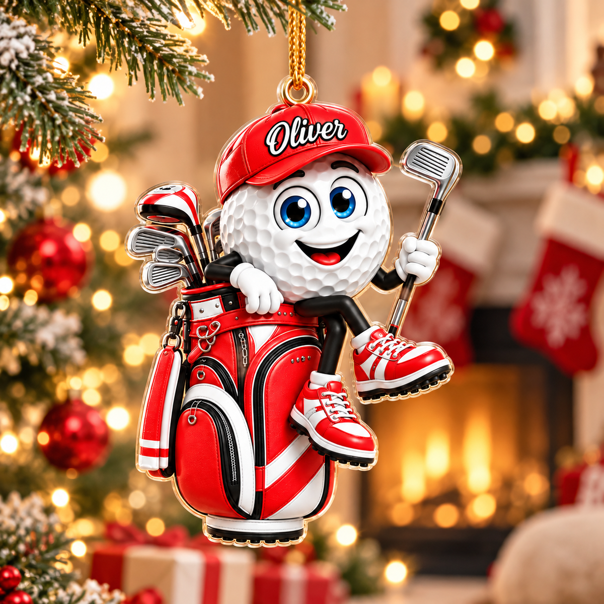 Custom Name Red Golf Ball In Golf Bag Acrylic Ornament, Christmas Gifts, Golfer Gifts