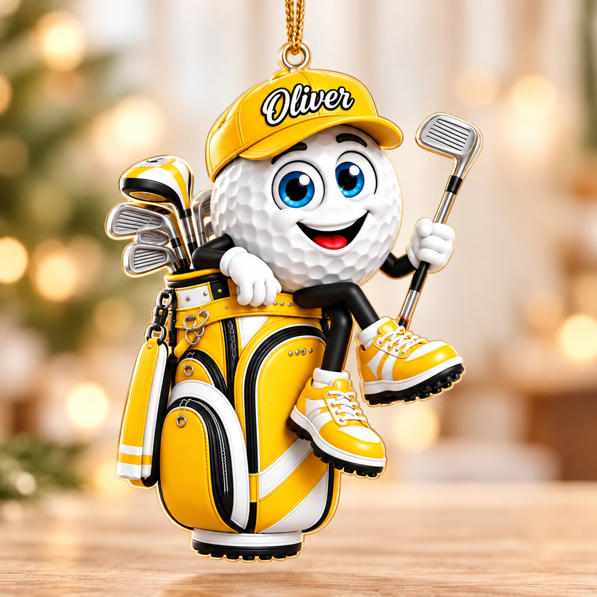 Custom Name Yellow Golf Ball In Golf Bag Acrylic Ornament, Tree Ornaments, Golf Gifts