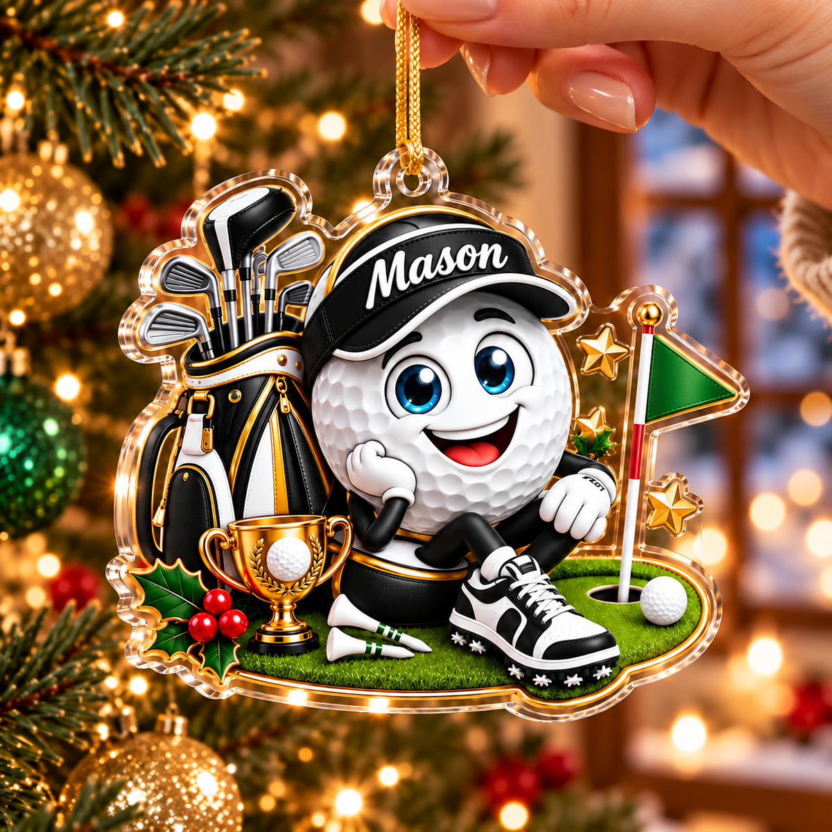 Custom Name Black Golf Ball Cap Trophy Acrylic Ornament, Holiday Gifts, Golfer Gifts