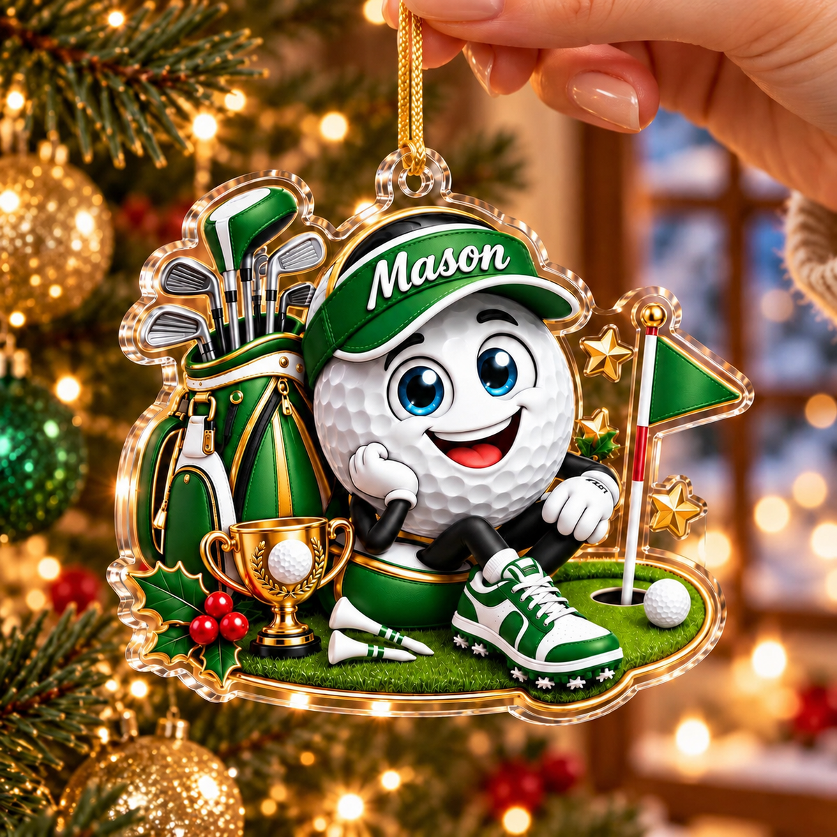 Custom Name Green Golf Ball Cap Trophy Acrylic Ornament, Christmas Gifts, Golf Gifts
