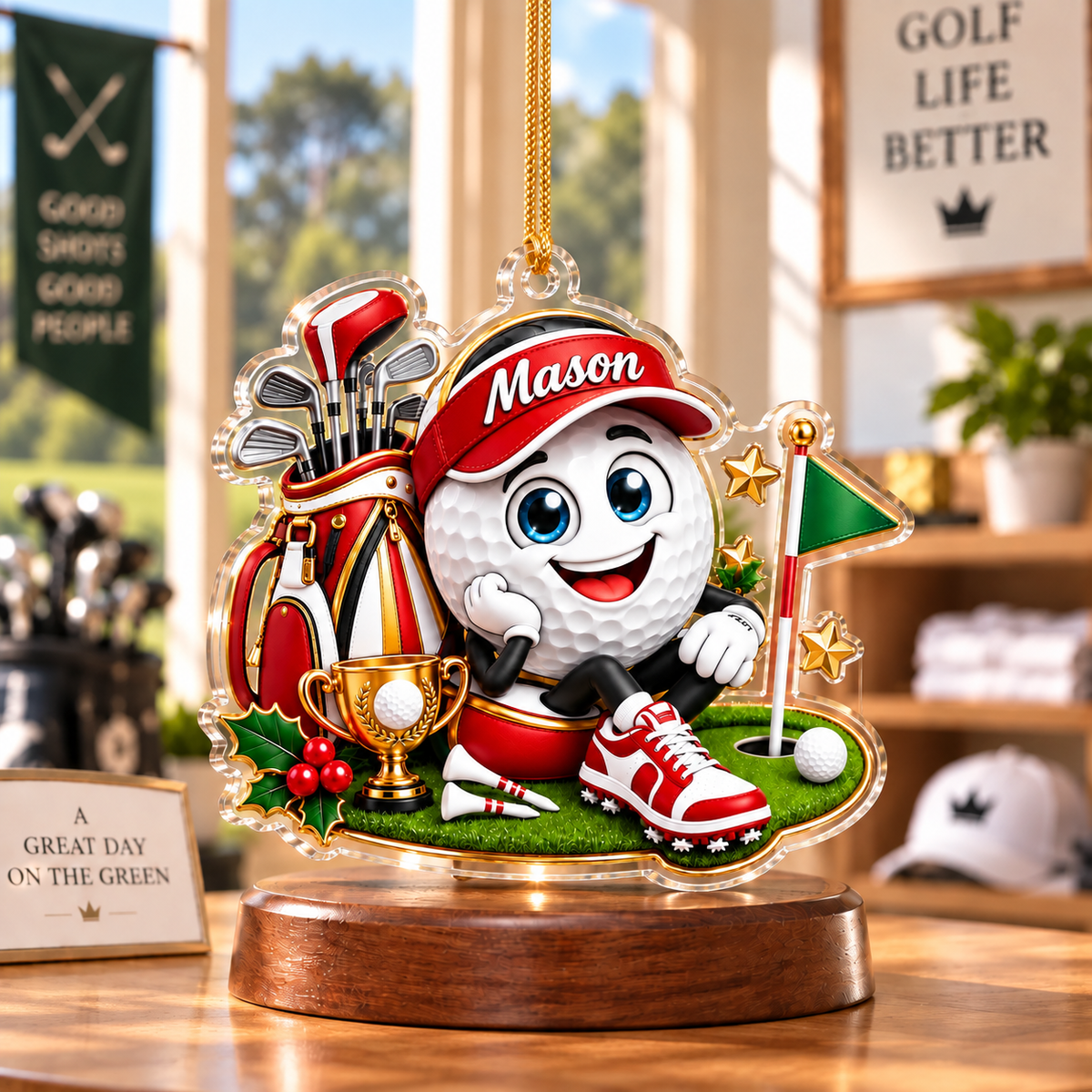 Custom Name Red Golf Ball Cap Trophy Acrylic Ornament, Holiday Gifts, Golfer Gifts