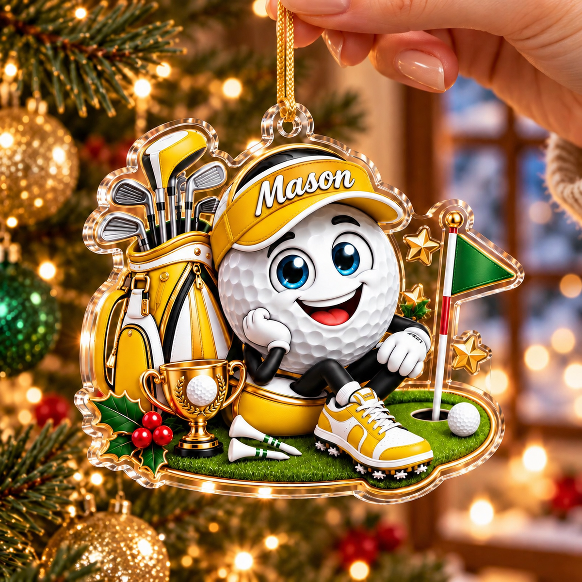 Custom Name Yellow Golf Ball Cap Trophy Acrylic Ornament, Christmas Gifts, Golf Gifts