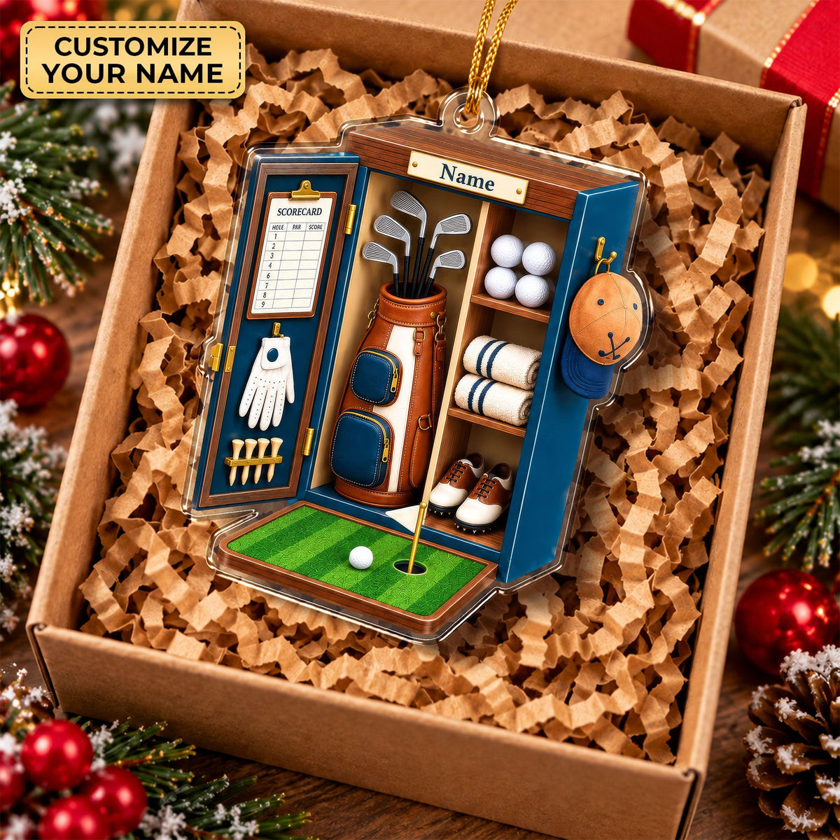 Custom Name Blue Golf Locker Acrylic Ornament, Christmas Ornaments, Golf Gifts