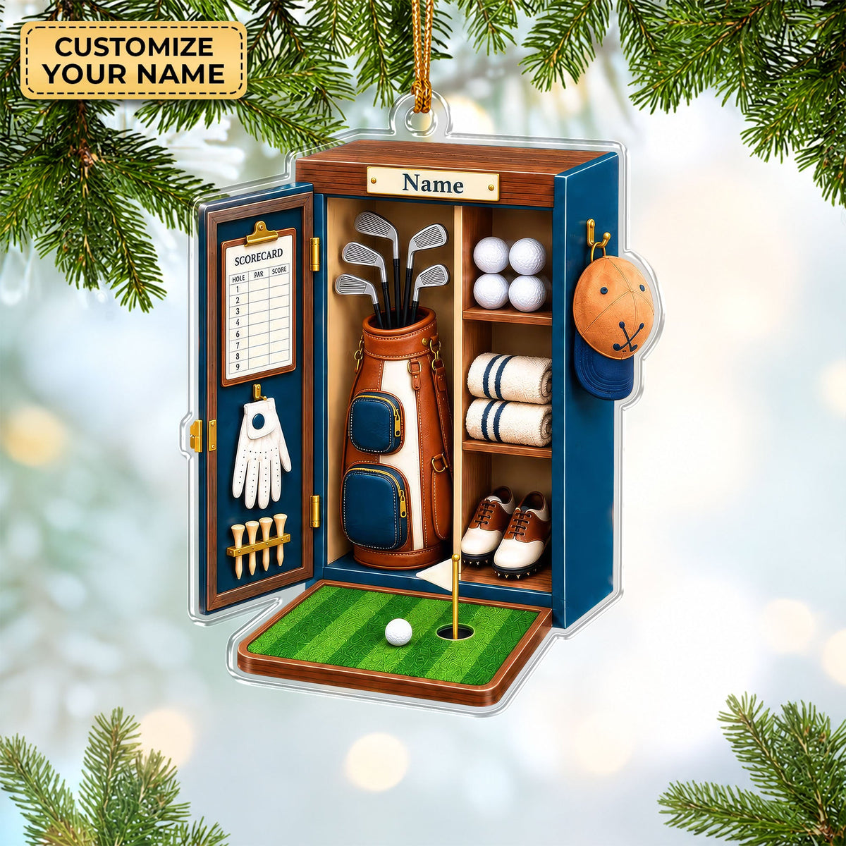 Custom Name Blue Golf Locker Acrylic Ornament, Christmas Ornaments, Golf Gifts