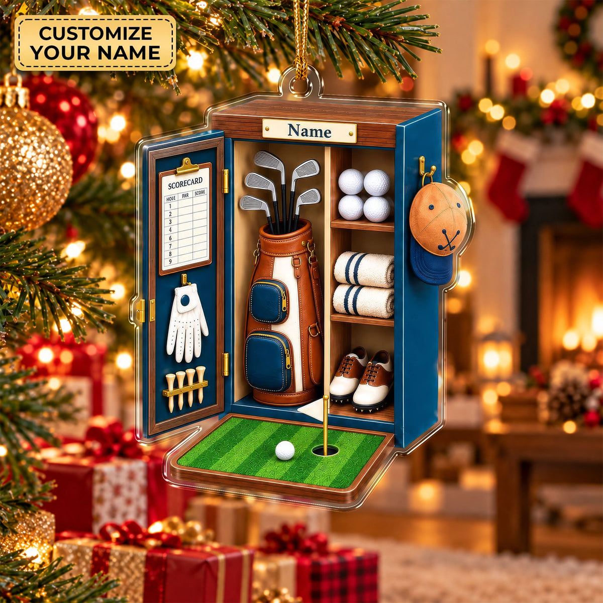 Custom Name Blue Golf Locker Acrylic Ornament, Christmas Ornaments, Golf Gifts