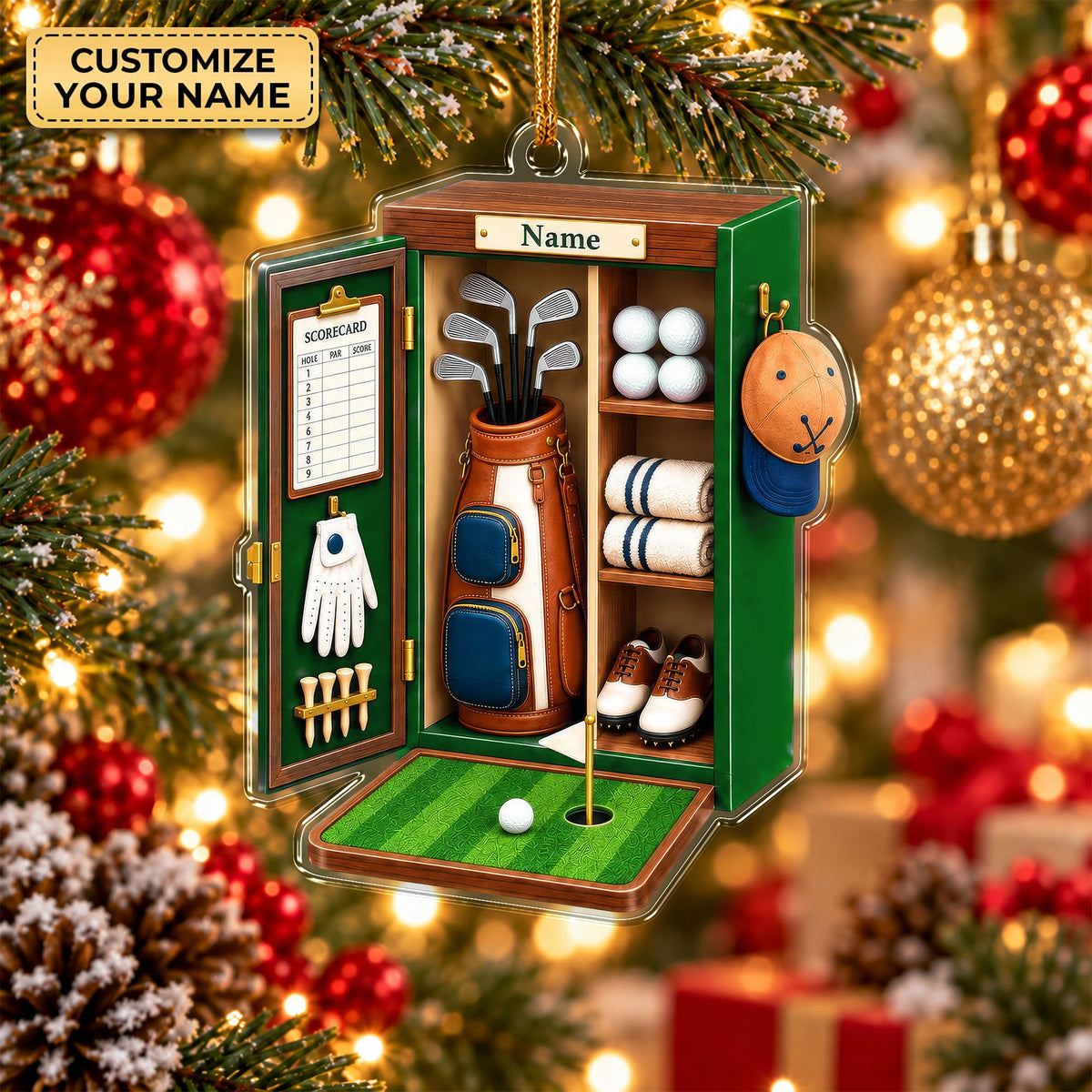 Custom Name Green Golf Locker Acrylic Ornament, Christmas Tree Decor, Golfer Gifts