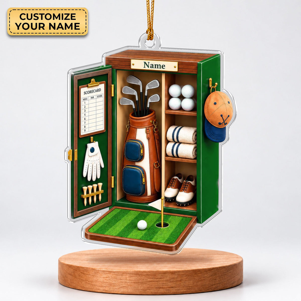 Custom Name Green Golf Locker Acrylic Ornament, Christmas Tree Decor, Golfer Gifts