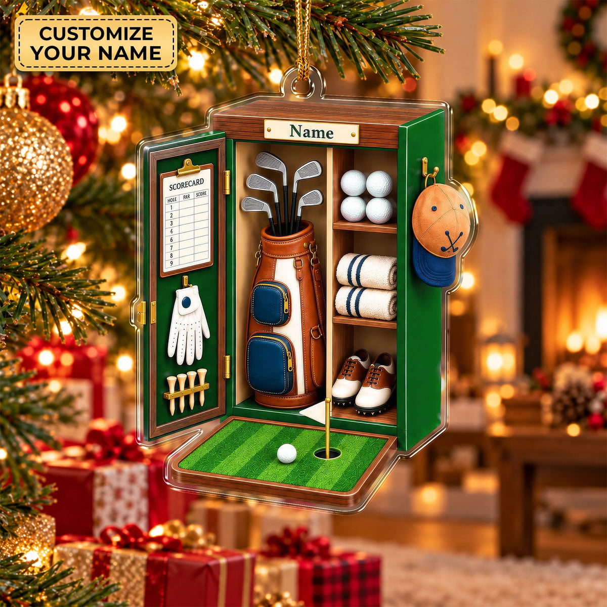 Custom Name Green Golf Locker Acrylic Ornament, Christmas Tree Decor, Golfer Gifts