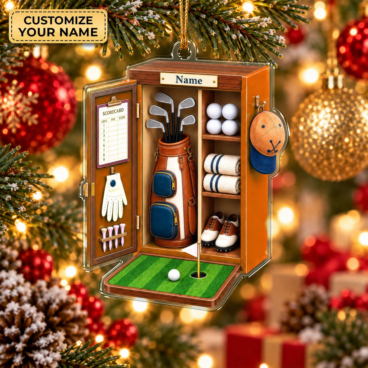 Custom Name Orange Golf Locker Acrylic Ornament, Christmas Ornaments, Golf Gifts