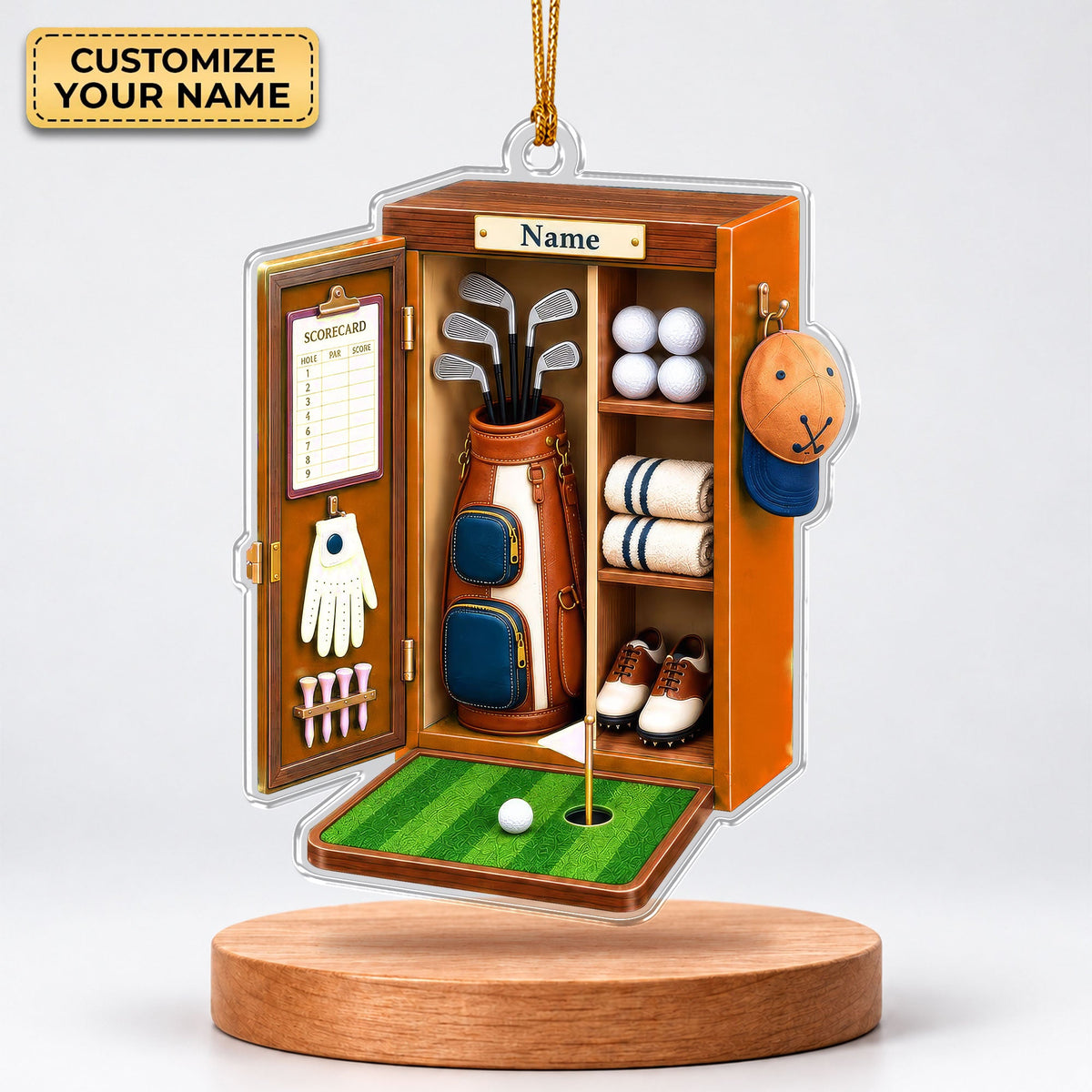 Custom Name Orange Golf Locker Acrylic Ornament, Christmas Ornaments, Golf Gifts