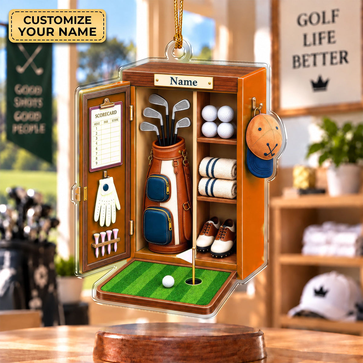 Custom Name Orange Golf Locker Acrylic Ornament, Christmas Ornaments, Golf Gifts