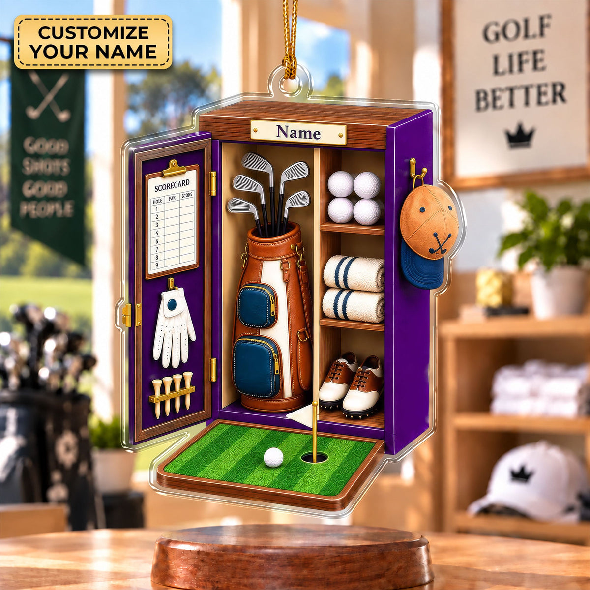 Custom Name Purple Golf Locker Acrylic Ornament, Christmas Tree Decor, Golfer Gifts