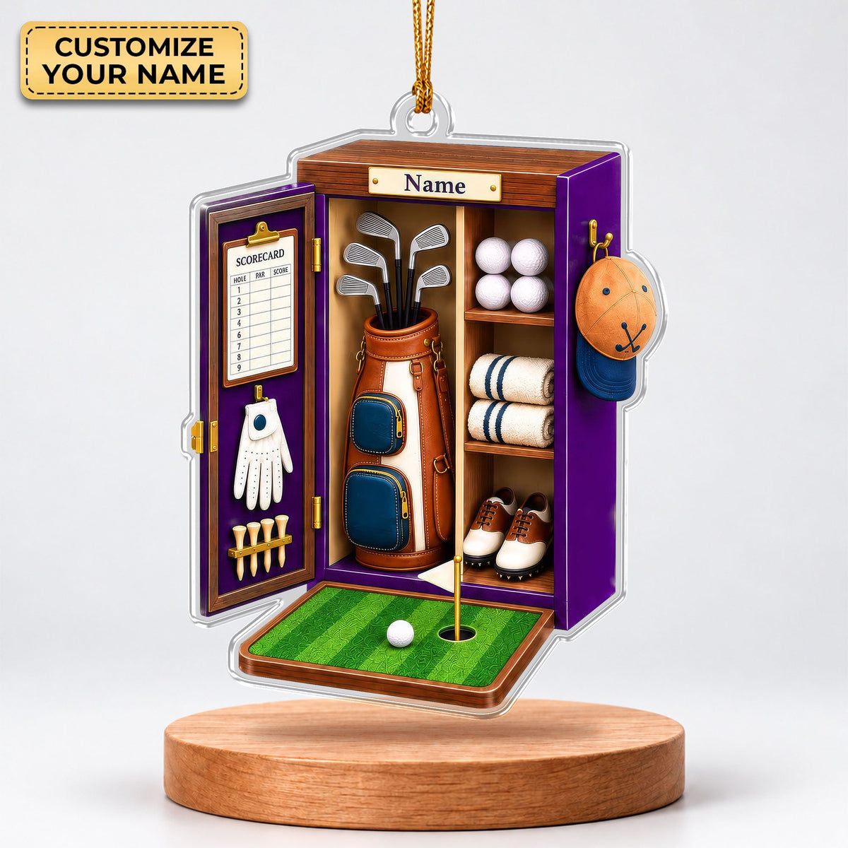 Custom Name Purple Golf Locker Acrylic Ornament, Christmas Tree Decor, Golfer Gifts