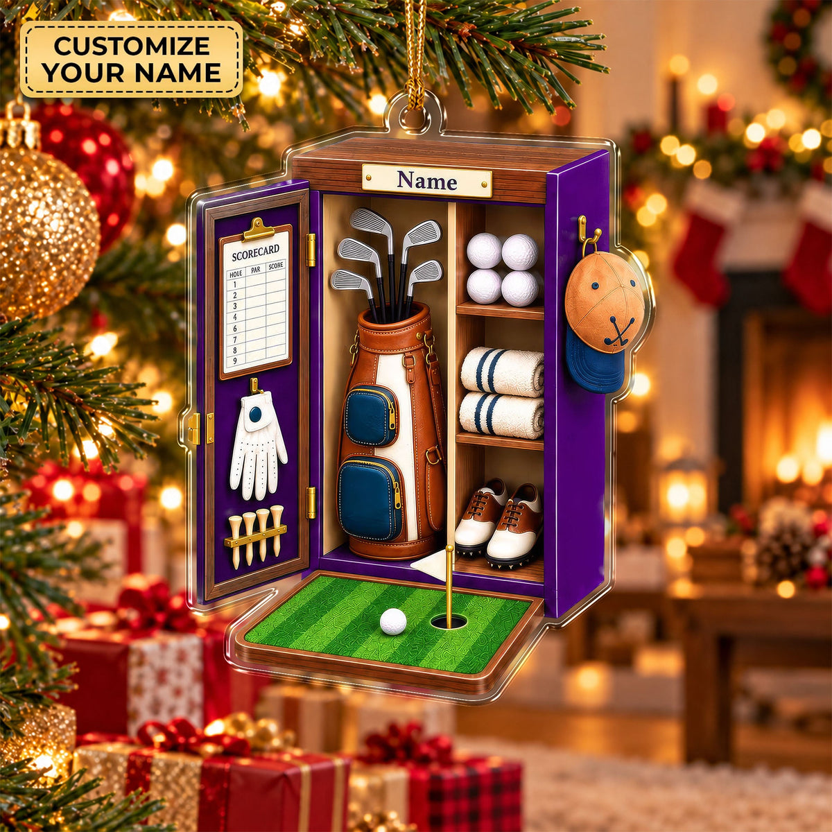 Custom Name Purple Golf Locker Acrylic Ornament, Christmas Tree Decor, Golfer Gifts