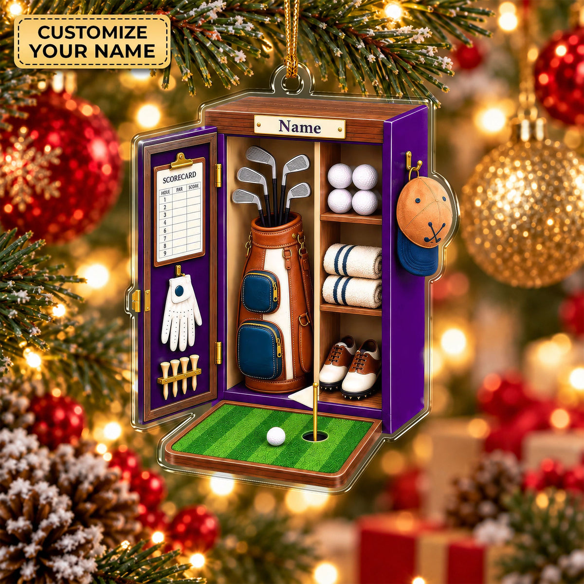 Custom Name Purple Golf Locker Acrylic Ornament, Christmas Tree Decor, Golfer Gifts
