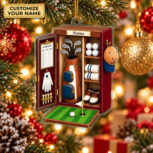 Custom Name Red Golf Locker Acrylic Ornament, Christmas Ornaments, Golf Gifts