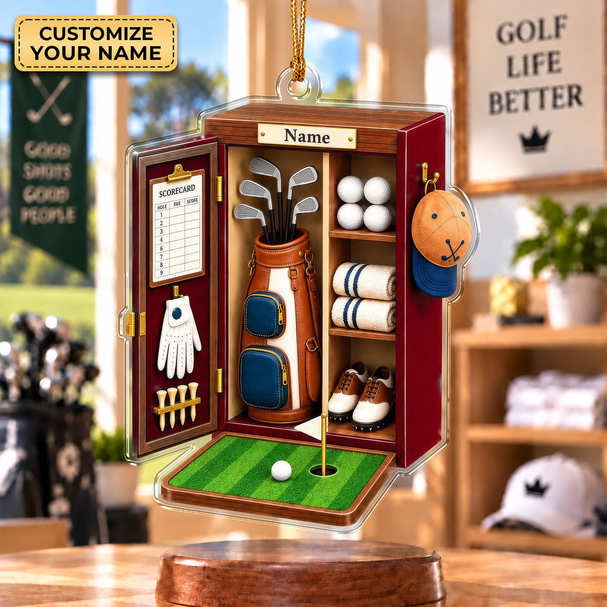 Custom Name Red Golf Locker Acrylic Ornament, Christmas Ornaments, Golf Gifts