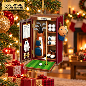 Custom Name Red Golf Locker Acrylic Ornament, Christmas Ornaments, Golf Gifts