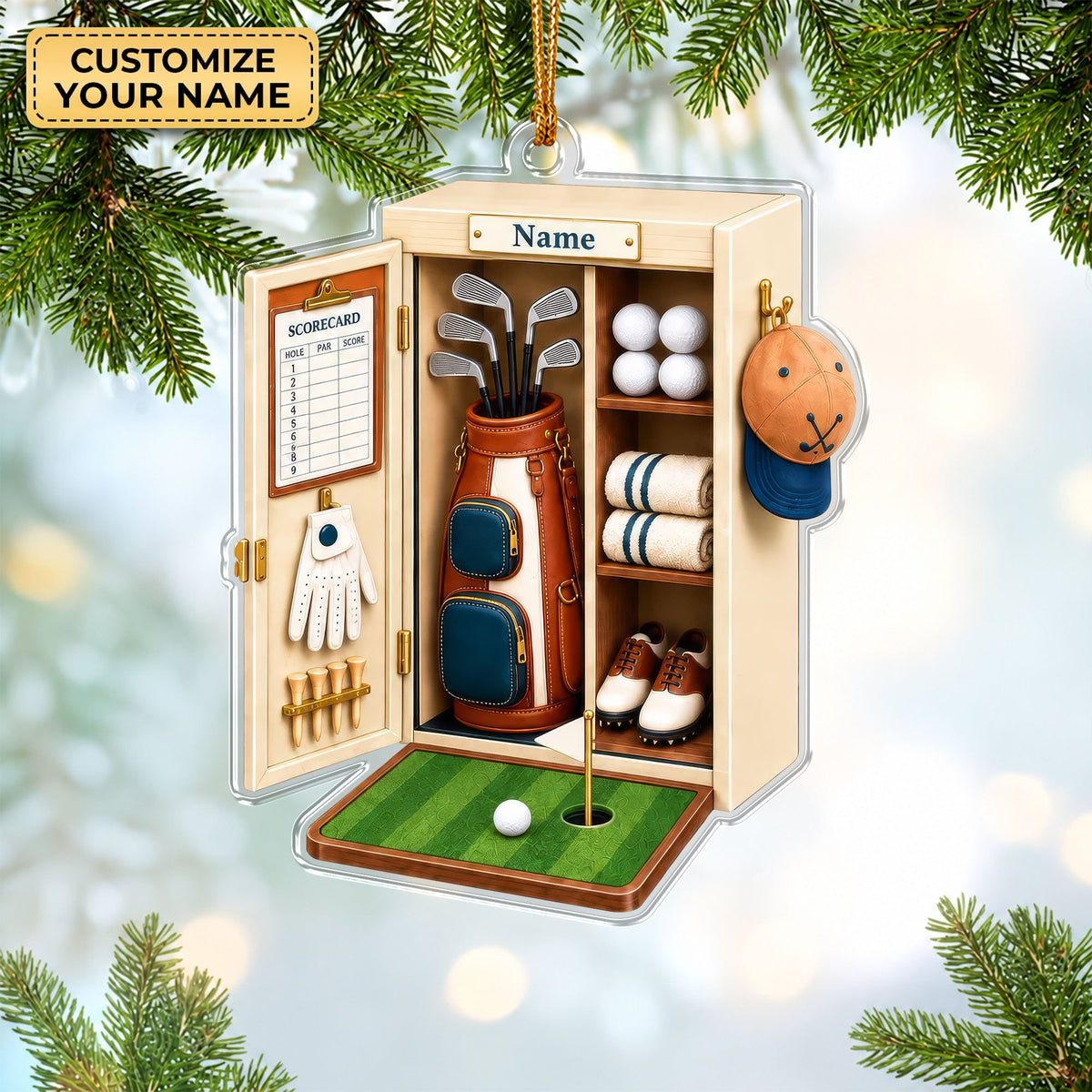 Custom Name White Golf Locker Acrylic Ornament, Christmas Tree Decor, Golfer Gifts