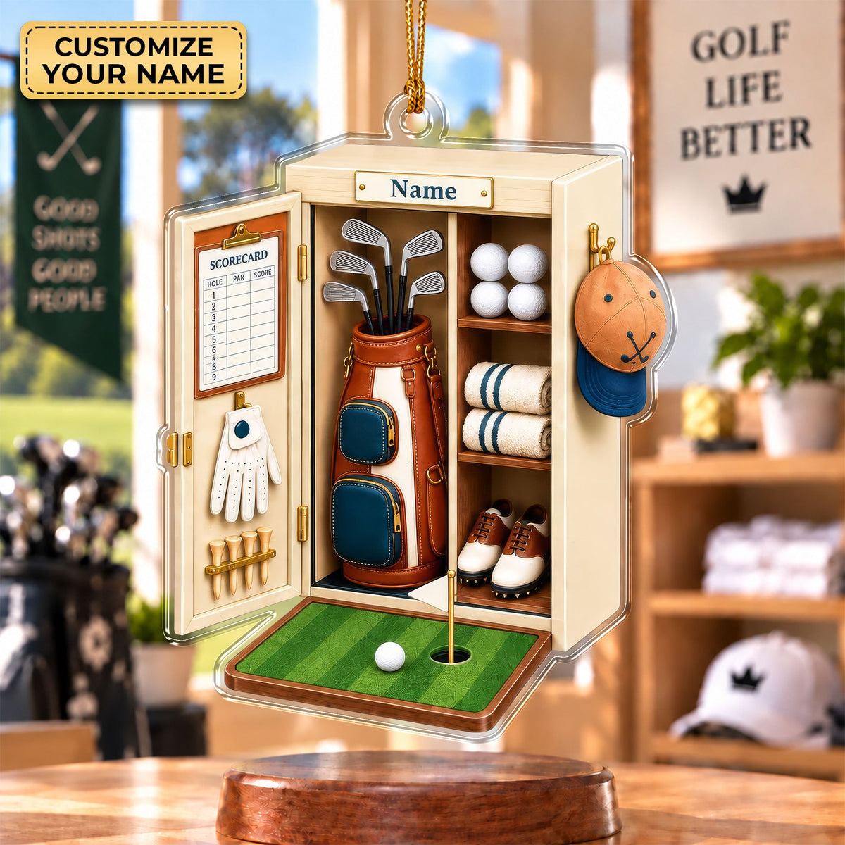 Custom Name White Golf Locker Acrylic Ornament, Christmas Tree Decor, Golfer Gifts