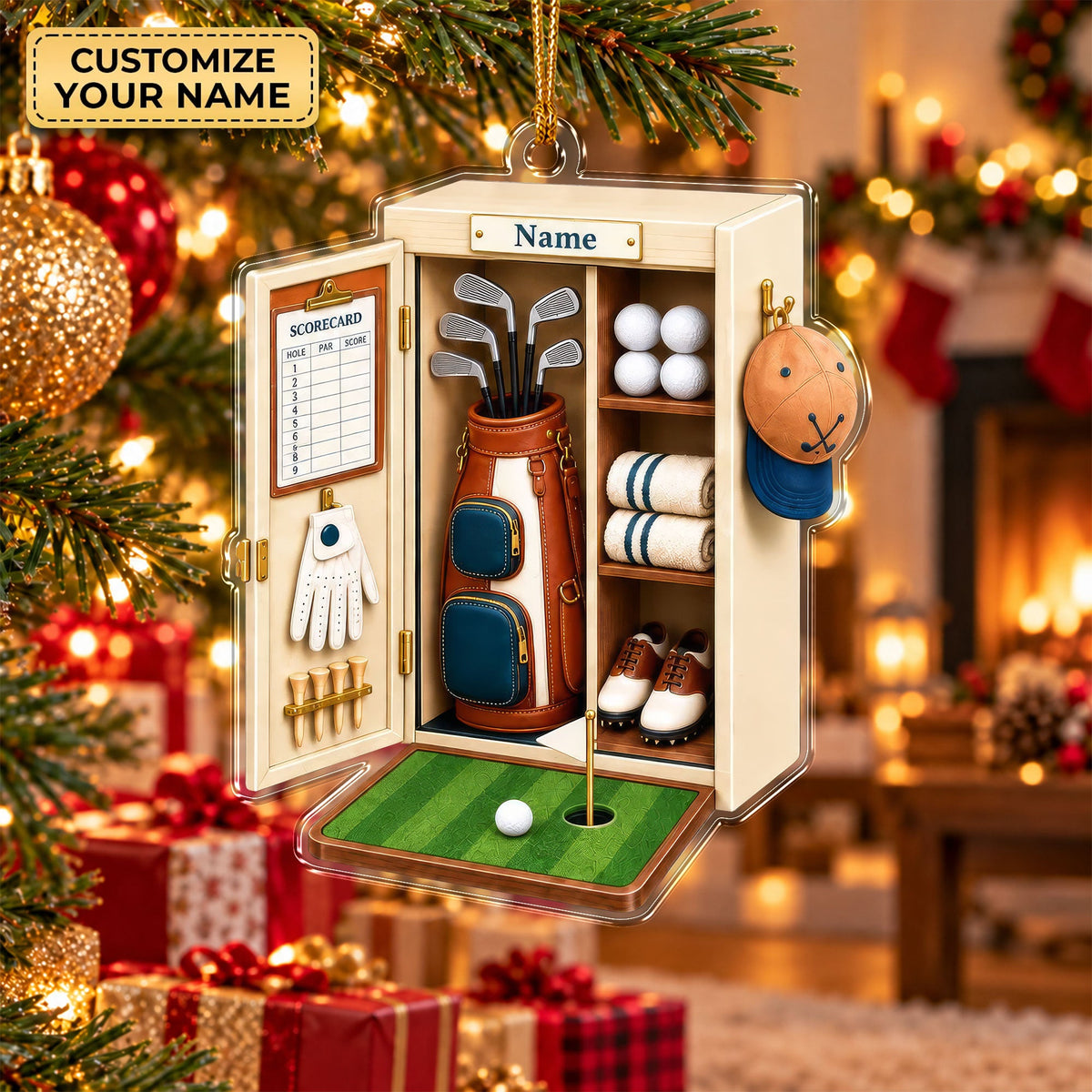 Custom Name White Golf Locker Acrylic Ornament, Christmas Tree Decor, Golfer Gifts