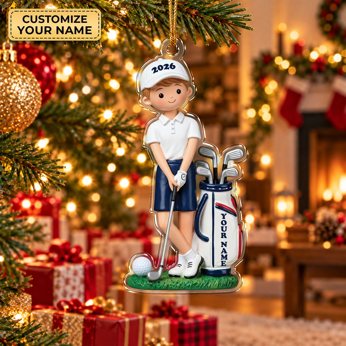 Custom Name Young Boy Golfer Acrylic Ornament, Christmas Tree Decor, Golfer Gifts