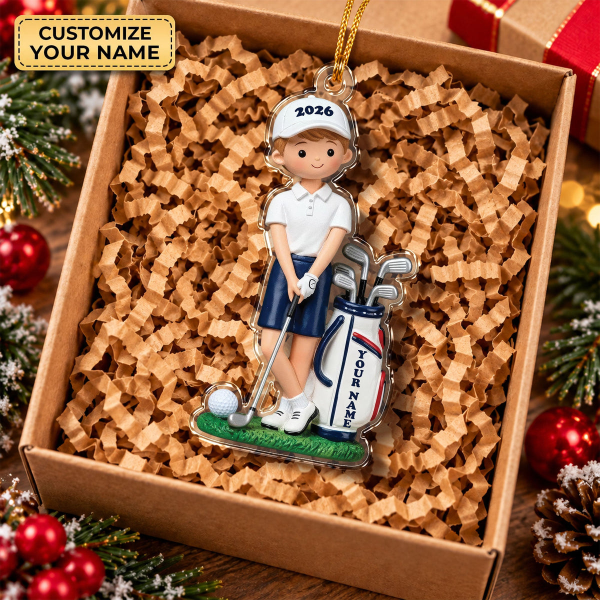 Custom Name Young Boy Golfer Acrylic Ornament, Christmas Tree Decor, Golfer Gifts
