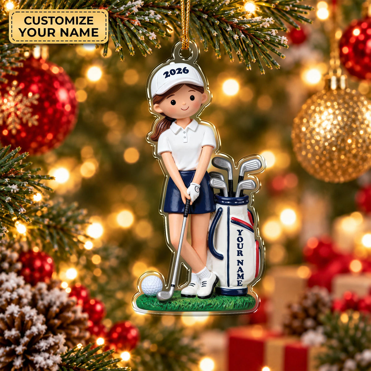 Custom Name Young Girl Golfer Acrylic Ornament, Christmas Ornaments, Golf Gifts