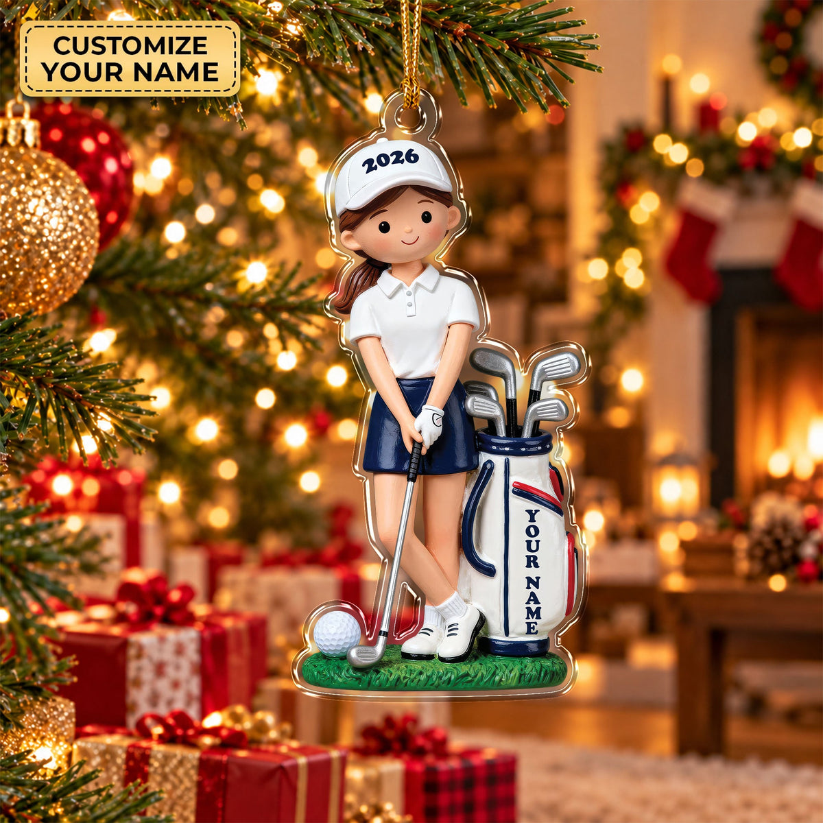 Custom Name Young Girl Golfer Acrylic Ornament, Christmas Ornaments, Golf Gifts
