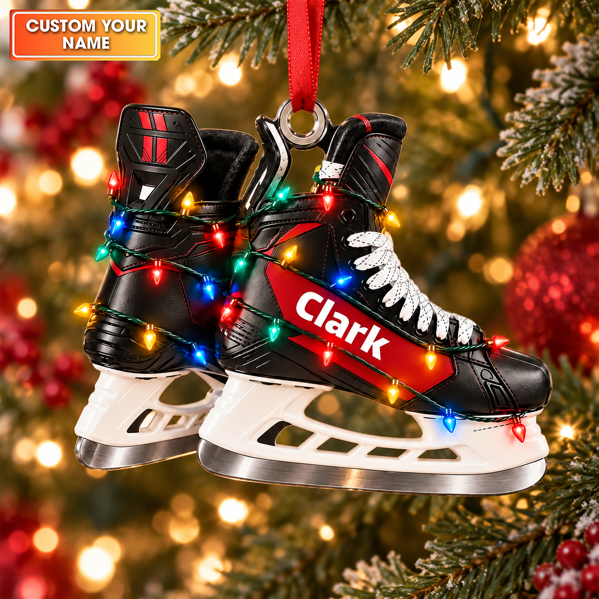 Custom Name Red Hockey Skates Acrylic Ornament, Christmas Gifts, Hockey Player Gifts