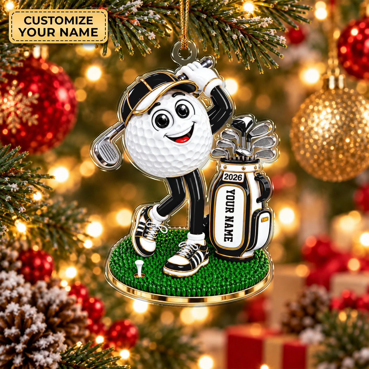 Custom Name Black Golf Ball Mascot Acrylic Ornament, Christmas Ornaments, Golf Gifts