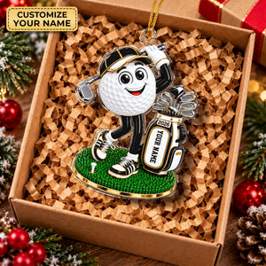 Custom Name Black Golf Ball Mascot Acrylic Ornament, Christmas Ornaments, Golf Gifts