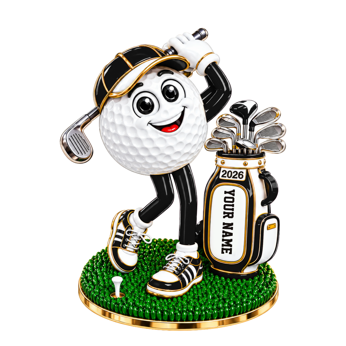 Custom Name Black Golf Ball Mascot Acrylic Ornament, Christmas Ornaments, Golf Gifts