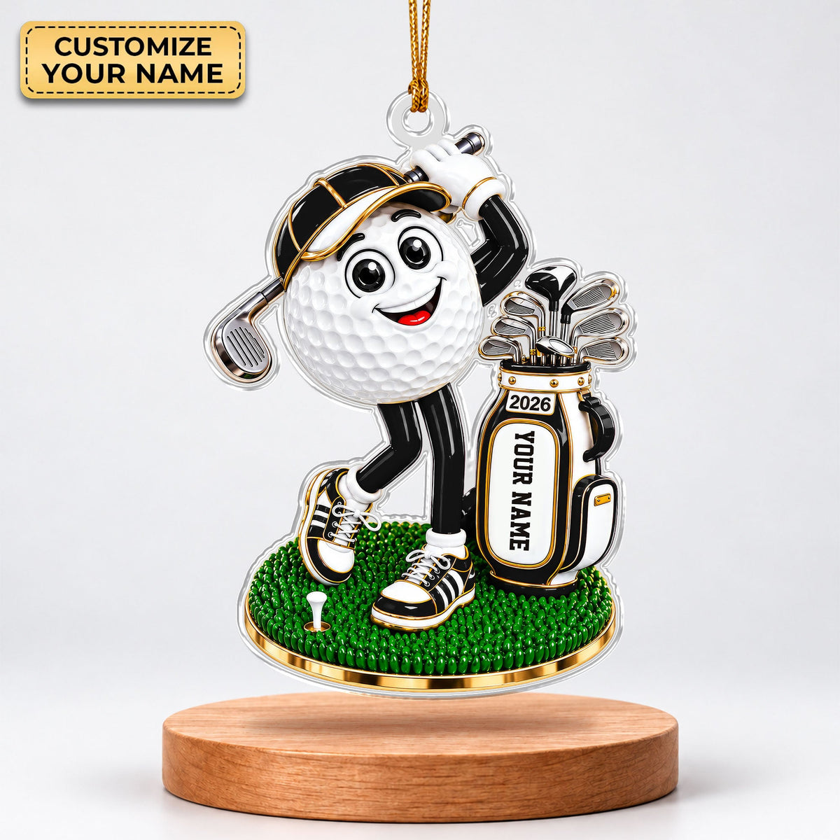 Custom Name Black Golf Ball Mascot Acrylic Ornament, Christmas Ornaments, Golf Gifts