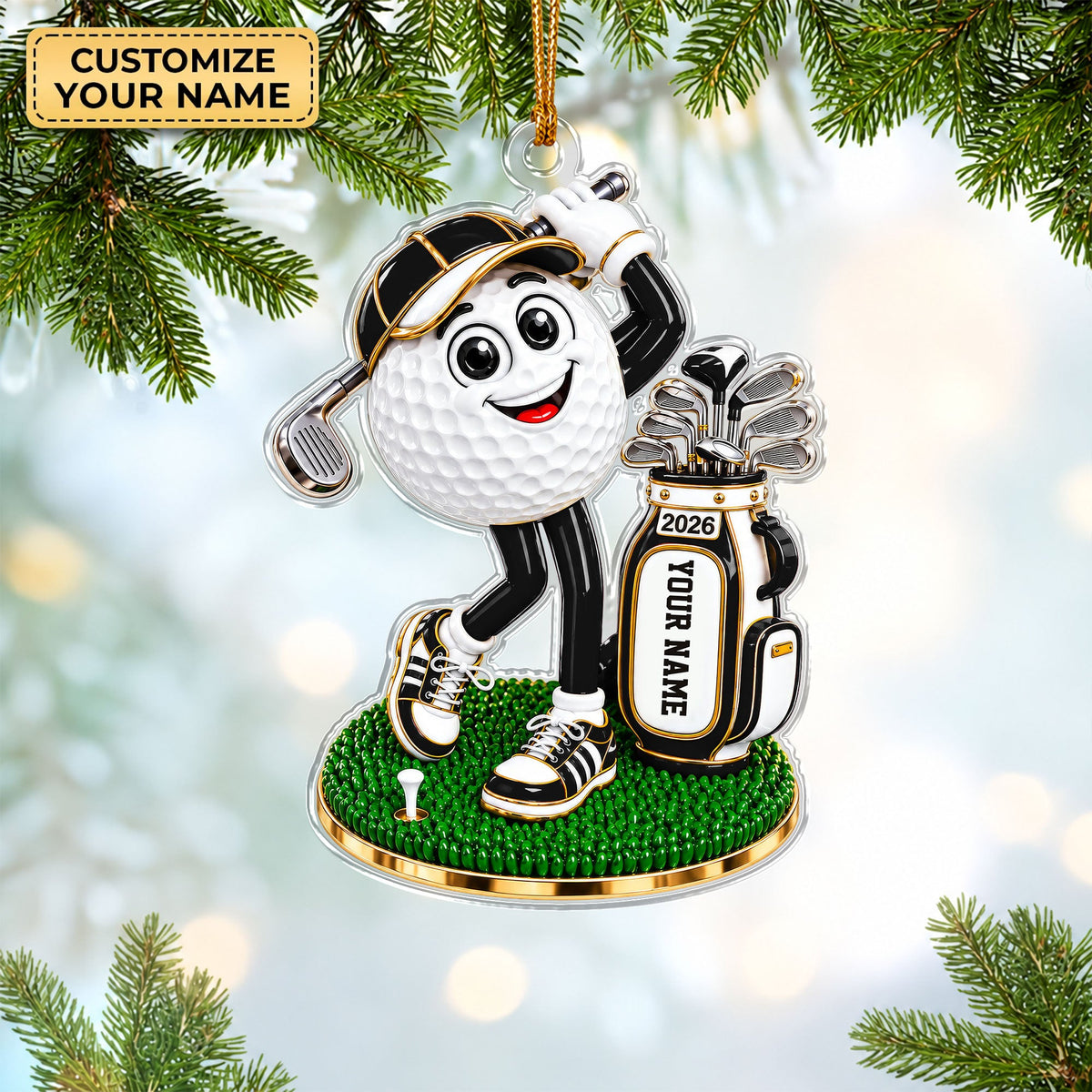 Custom Name Black Golf Ball Mascot Acrylic Ornament, Christmas Ornaments, Golf Gifts