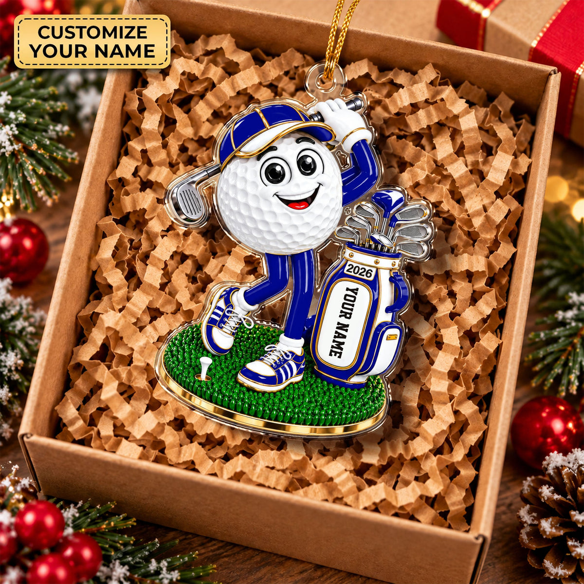 Custom Name Blue Golf Ball Mascot Acrylic Ornament, Christmas Gifts, Golfer Gifts