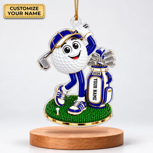 Custom Name Blue Golf Ball Mascot Acrylic Ornament, Christmas Gifts, Golfer Gifts