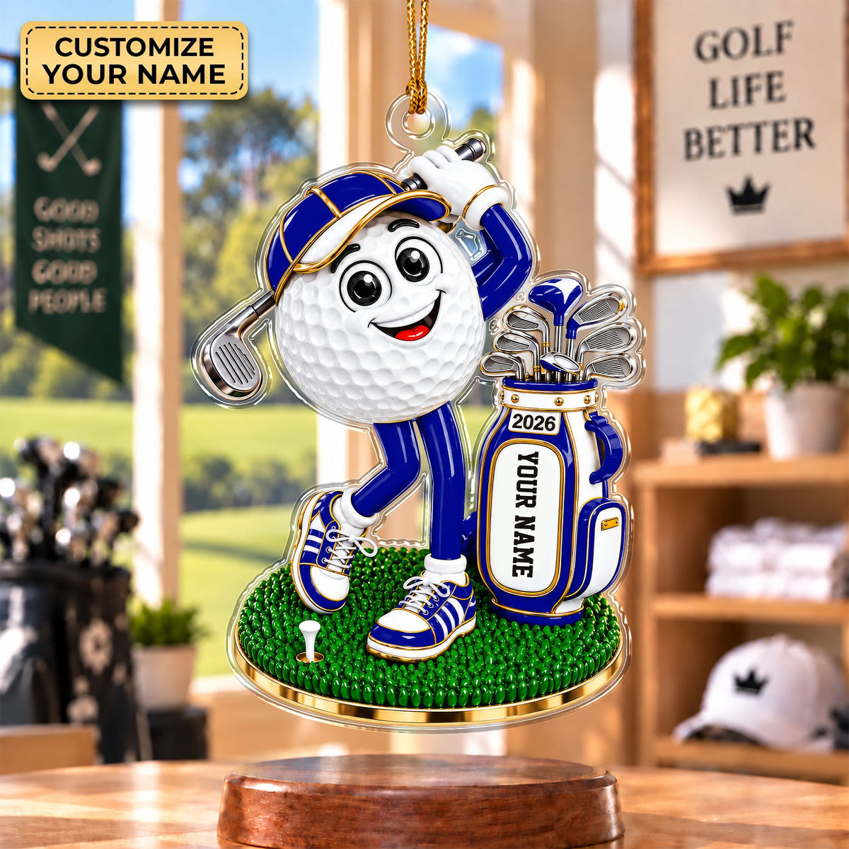 Custom Name Blue Golf Ball Mascot Acrylic Ornament, Christmas Gifts, Golfer Gifts