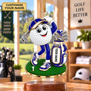 Custom Name Blue Golf Ball Mascot Acrylic Ornament, Christmas Gifts, Golfer Gifts