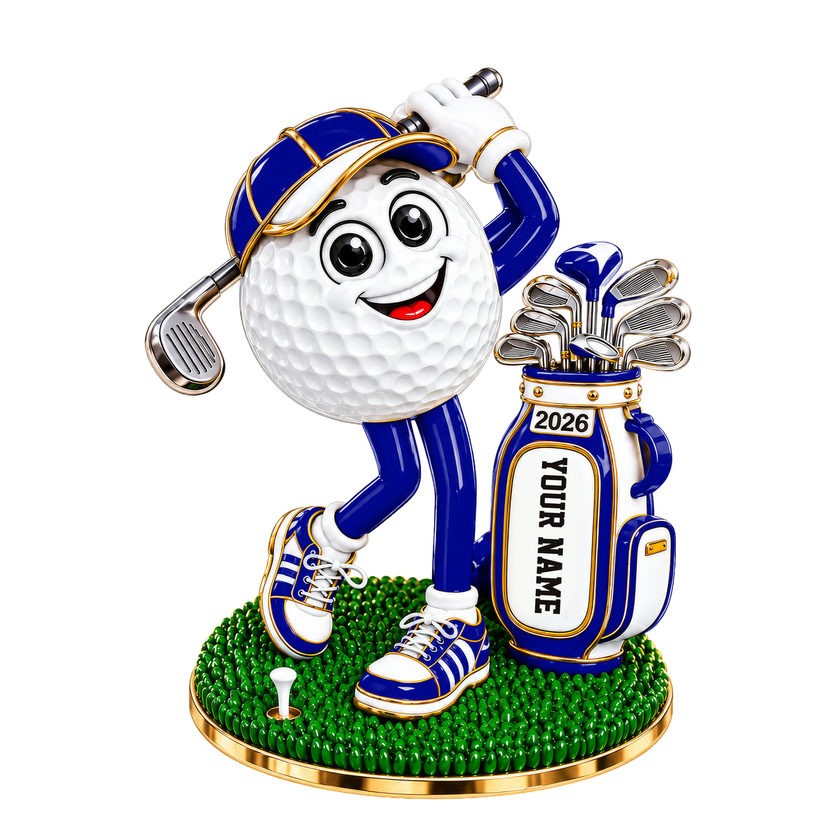 Custom Name Blue Golf Ball Mascot Acrylic Ornament, Christmas Gifts, Golfer Gifts