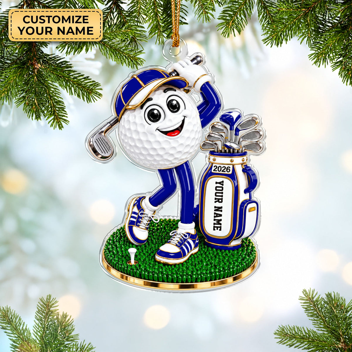 Custom Name Blue Golf Ball Mascot Acrylic Ornament, Christmas Gifts, Golfer Gifts