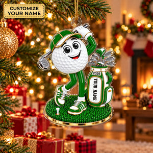 Custom Name Green Golf Ball Mascot Acrylic Ornament, Christmas Ornaments, Golf Gifts