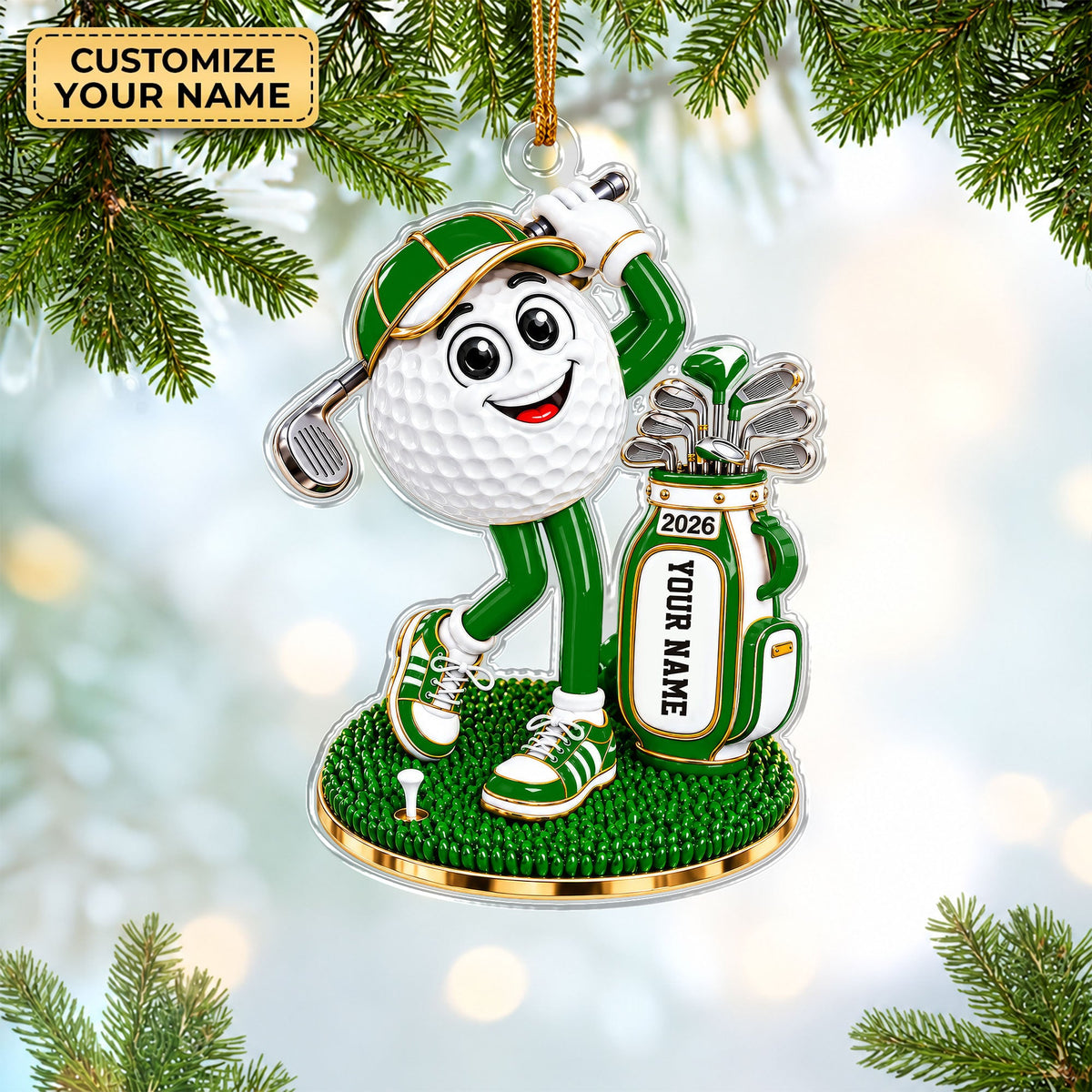 Custom Name Green Golf Ball Mascot Acrylic Ornament, Christmas Ornaments, Golf Gifts