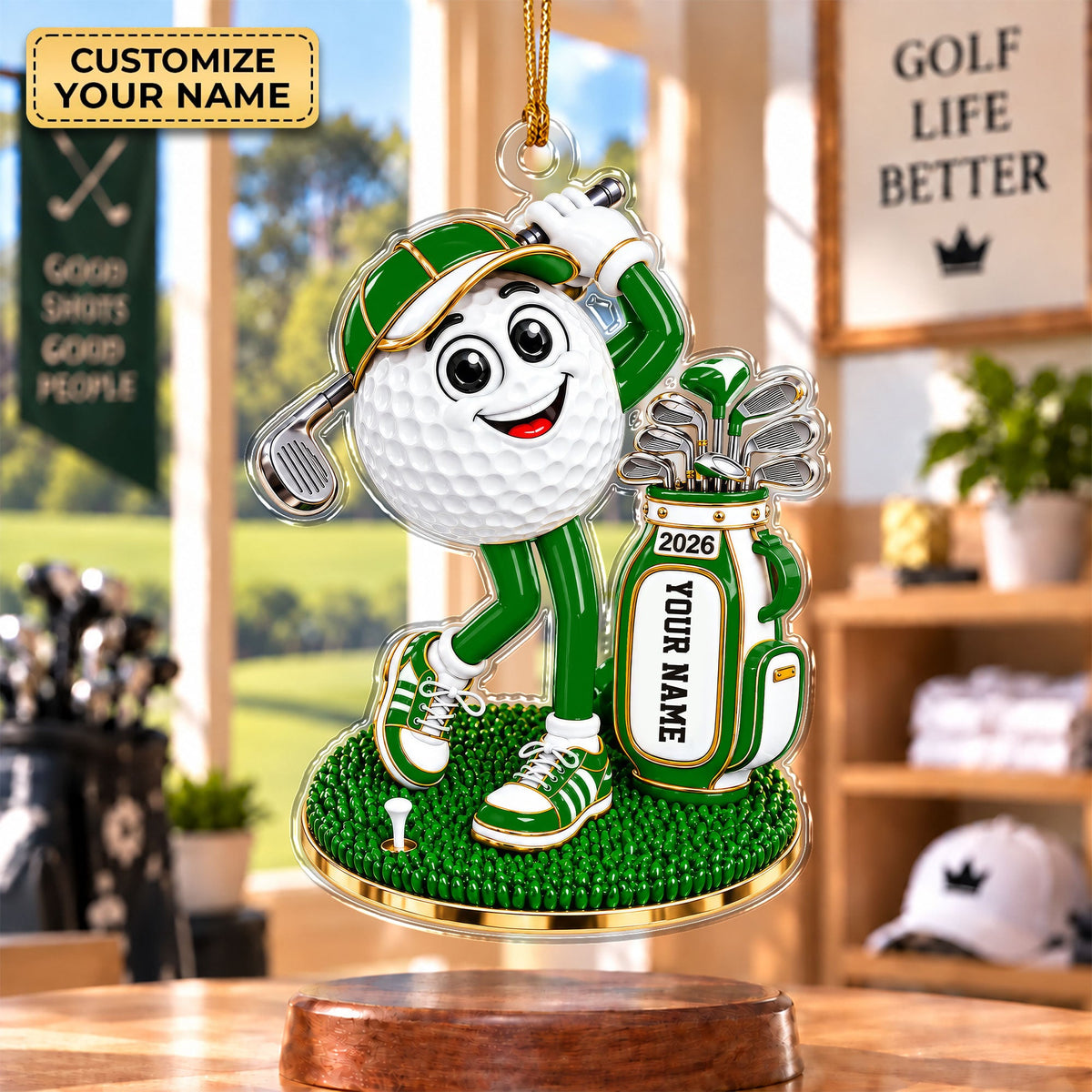 Custom Name Green Golf Ball Mascot Acrylic Ornament, Christmas Ornaments, Golf Gifts