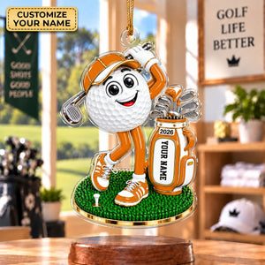 Custom Name Orange Golf Ball Mascot Acrylic Ornament, Christmas Gifts, Golfer Gifts