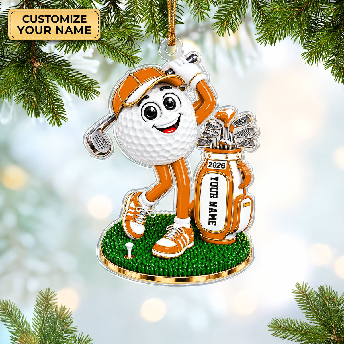 Custom Name Orange Golf Ball Mascot Acrylic Ornament, Christmas Gifts, Golfer Gifts