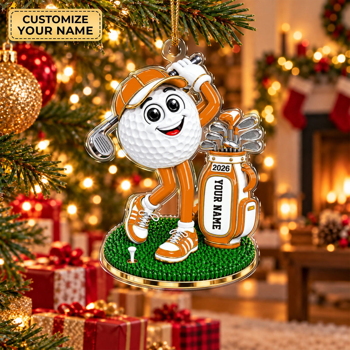 Custom Name Orange Golf Ball Mascot Acrylic Ornament, Christmas Gifts, Golfer Gifts