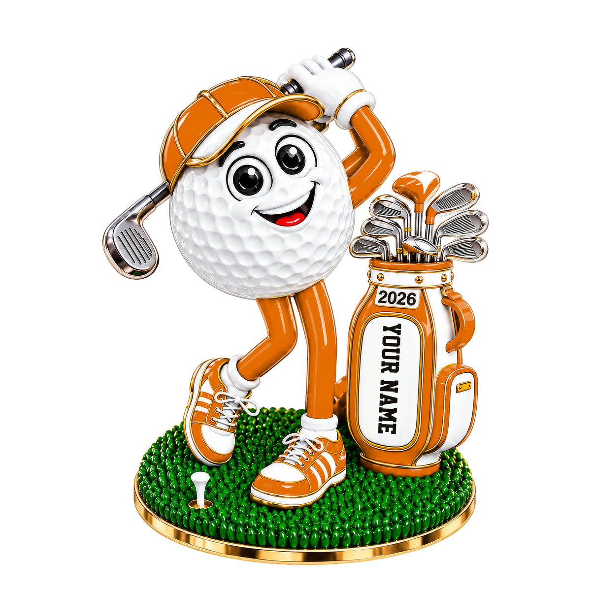 Custom Name Orange Golf Ball Mascot Acrylic Ornament, Christmas Gifts, Golfer Gifts