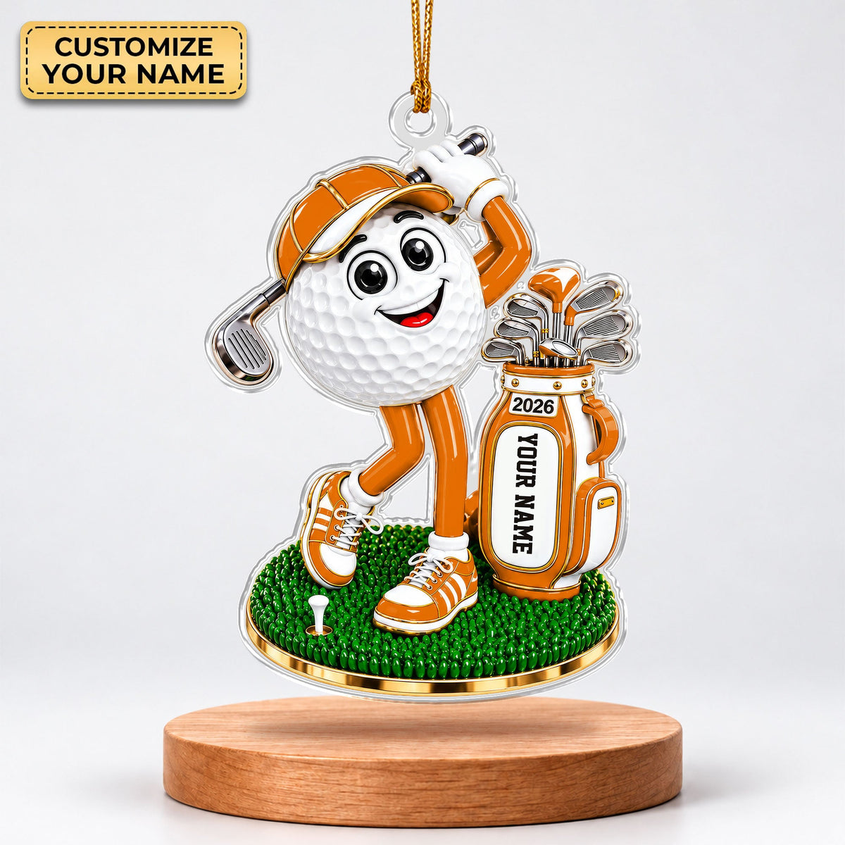 Custom Name Orange Golf Ball Mascot Acrylic Ornament, Christmas Gifts, Golfer Gifts